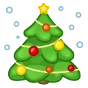 Мультяшная рождественская елка зеленого цвета, украшенная разноцветными шарами и гирляндой, увенчанная желтой звездой на фоне падающих снежинок.