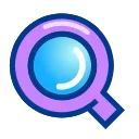 Значок лупы с фиолетовой оправой и ярко-голубой линзой, стилизованный под иконку интерфейса.