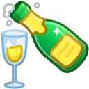 Мультяшная иллюстрация зеленой бутылки шампанского, которая наклонена над бокалом, наполненным золотистым напитком, с маленькими пузырьками вокруг