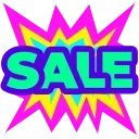 Яркая графическая иконка с надписью &laquo;SALE&raquo; бирюзового цвета с темно-синим контуром, расположенная на фоне стилизованного желто-розового взрыва или звезды.