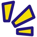 Стилизованный графический значок, состоящий из трех желтых треугольных форм с темно-синим контуром, напоминающий символ восклицания или эффект динамического акцента из комиксов.