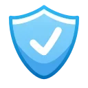 Иконка в форме синего щита с белой галочкой посередине, символизирующая безопасность, защиту или подтверждение.