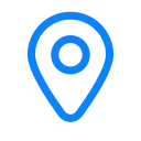 Синяя иконка геолокации в форме капли с кружком внутри на сером фоне.
