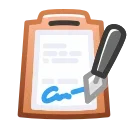 Иконка планшета с листом бумаги, на котором стоит синяя подпись, и пером, которое её подписывает.