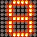 Светодиодное табло с изображением цифры восемь, состоящей из светящихся оранжевых точек на черном фоне.