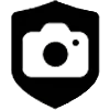 Черно-белая иконка, изображающая фотоаппарат внутри формы щита.