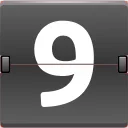 Квадратная серая панель с белой цифрой 9, выполненная в стиле откидного календаря или табло с горизонтальной линией посередине.