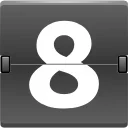 Цифра восемь, выполненная в стиле белого табло с перекидными страницами на сером фоне.