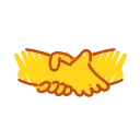 Стилизованное изображение рукопожатия желтого цвета с оранжевым контуром на черном фоне.