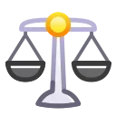 Стилизованная иконка весов правосудия с желтым центральным элементом и серыми чашами