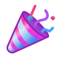 Стилизованная иконка праздничной хлопушки с яркими розовыми и голубыми полосками, из которой вылетают разноцветное конфетти и серпантин на темном фоне.