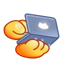 Мультяшные желтые руки-перчатки, печатающие на открытом ноутбуке.