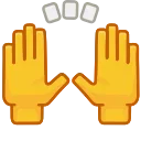 Эмодзи, изображающее две поднятые вверх ладони желтого цвета, направленные вперед, с тремя маленькими белыми прямоугольниками над ними, символизирующими движение или свет.