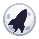 Стилизованная иконка с изображением темного силуэта ракеты на фоне светлого диска луны с кратерами, заключенная в круглую рамку.