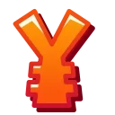 Стилизованный оранжевый символ японской иены (&yen;) с красной обводкой и белыми бликами, выполненный в мультяшном стиле.