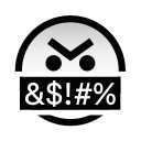 Черно-белое стилизованное изображение, напоминающее угрюмое или злое лицо в форме полукруга, где вместо глаз &mdash; два черных круга, а вместо бровей &mdash; перевернутый V-образный символ.