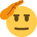 Эмодзи с желтым лицом, которое отдает честь рукой, с серьезным выражением глаз и нейтральным ртом.
