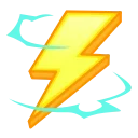 Значок желтой молнии с оранжевым контуром, окруженной динамичными голубыми линиями на сером фоне.