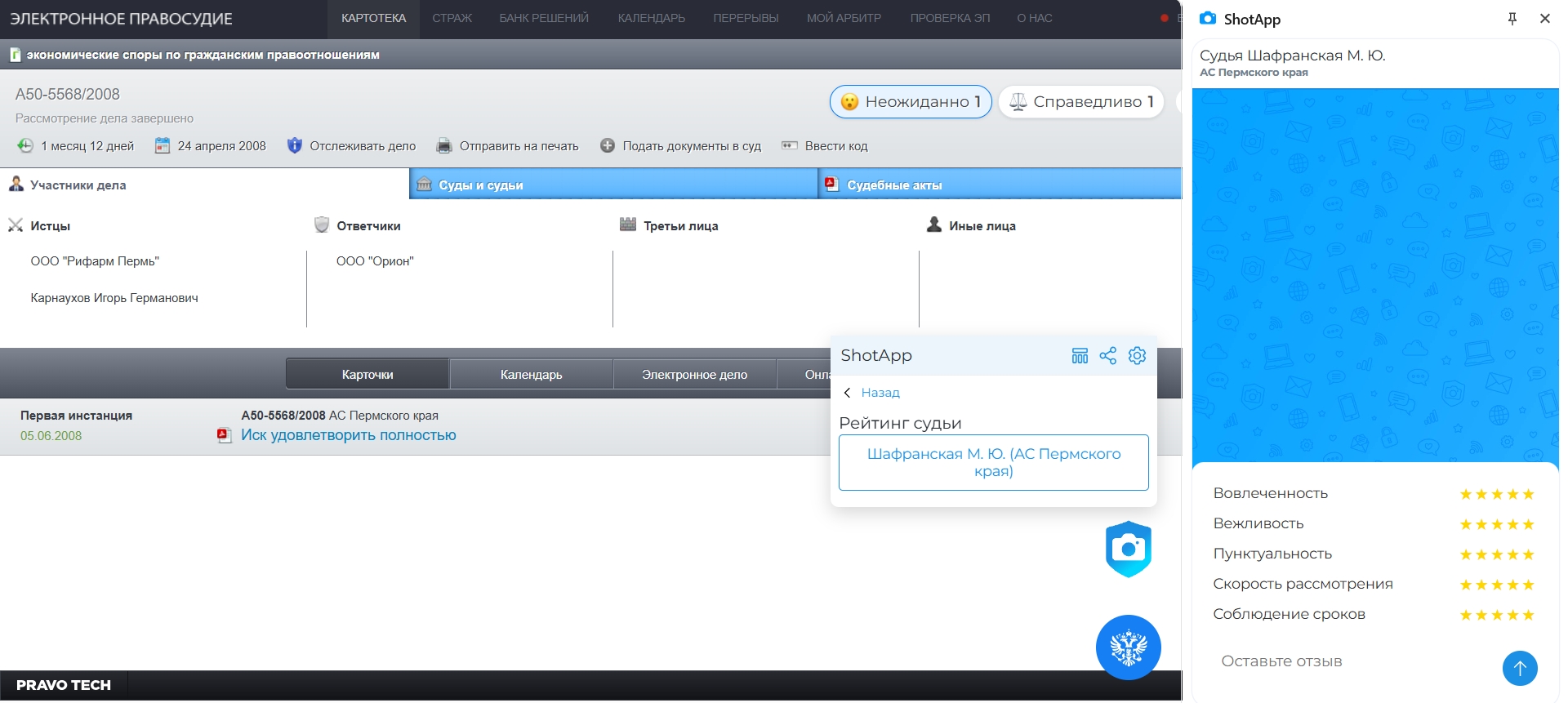 Интерфейс системы «Электронное правосудие», отображающий карточку арбитражного дела № А50-5568/2008. В верхней части указаны участники дела: истцы (ООО «Рифарм Пермь», Карнаухов Игорь Германович) и ответчик (ООО «Орион»). В центре приведено решение суда от 05.06.2008: «Иск удовлетворить полностью». Справа открыто окно приложения ShotApp с рейтингом судьи Шафранской М. Ю. (Арбитражный суд Пермского края), где по всем критериям (вовлеченность, вежливость, пунктуальность, скорость рассмотрения, соблюдение сроков) выставлены максимальные оценки.